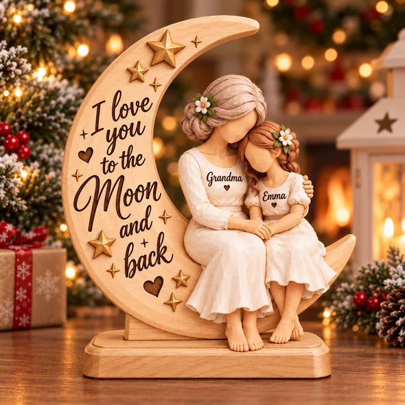 Personalized Thick Wooden Plaque, Grandma Hugging Grandchild, To the Moon and Back, Unique Gift