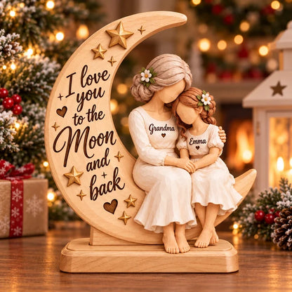 Personalized Thick Wooden Plaque, Grandma Hugging Grandchild, To the Moon and Back, Unique Gift