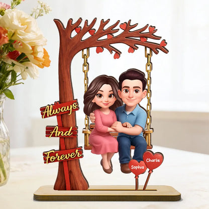 Personalized 2-Layer Wooden Plaque Couple on Swing Under Heart Tree, Always And Forever Romantic Unique Gift for Her or Him