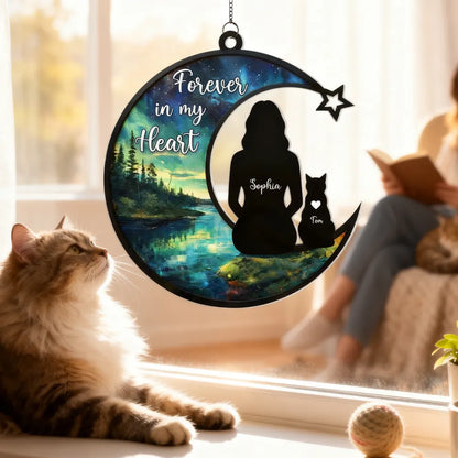 Personalized Acrylic Suncatcher Ornament Cat Memorial Silhouette in Starry Lake Scene - Unique Gift for Cat Lovers
