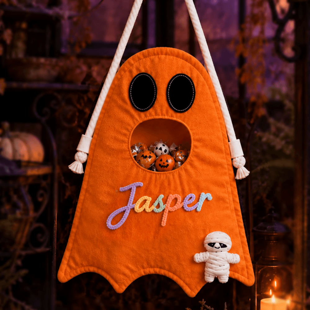 Personalized Ghost Trick-or-Treat Bag with Custom Name, Yarn Colors & Halloween Icon, Cute Candy Tote for Kids