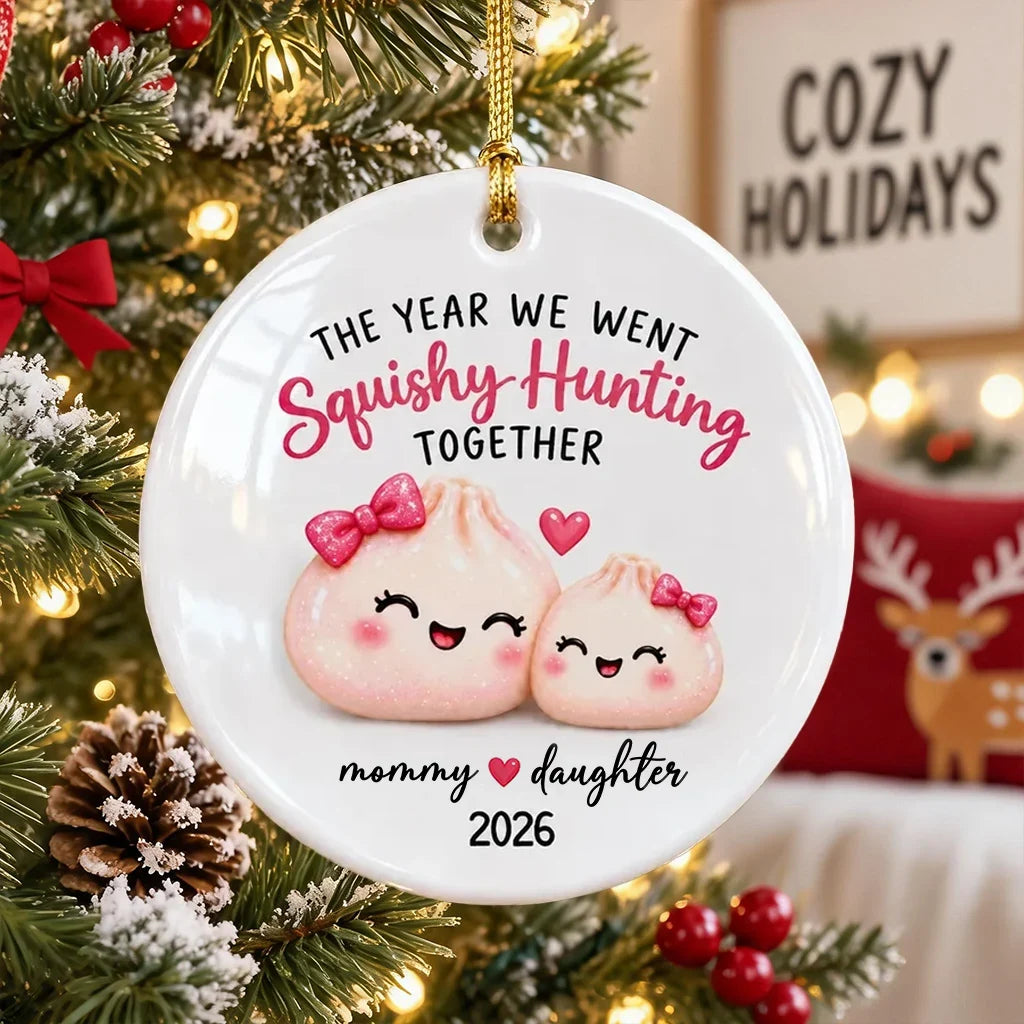 Personalized Ceramic Ornament, Pink Cartoon Mommy Daughter Squishy Hunting Together, Unique Gift for Mom