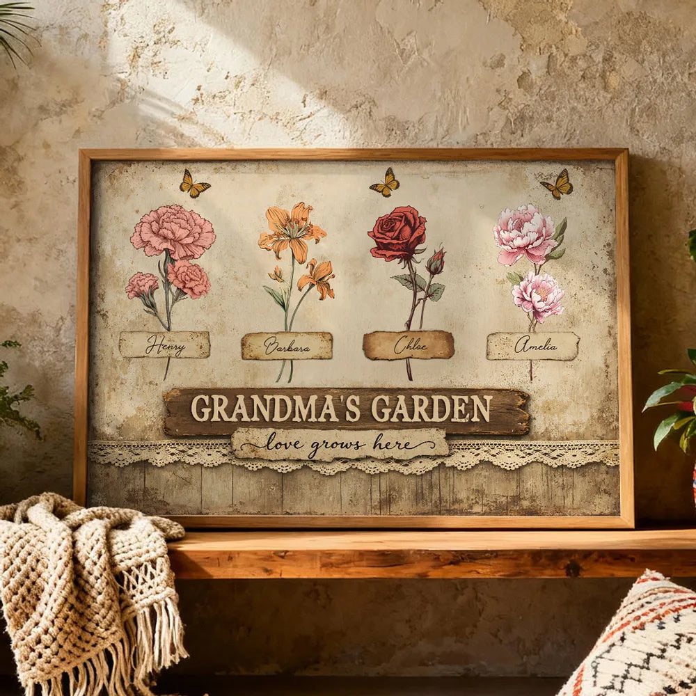 Personalized Grandma's Garden Poster, Vintage Floral Butterflies Wall Art, Unique Gift for Grandma or Mom