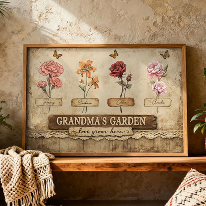 Personalized Grandma's Garden Poster, Vintage Floral Butterflies Wall Art, Unique Gift for Grandma or Mom