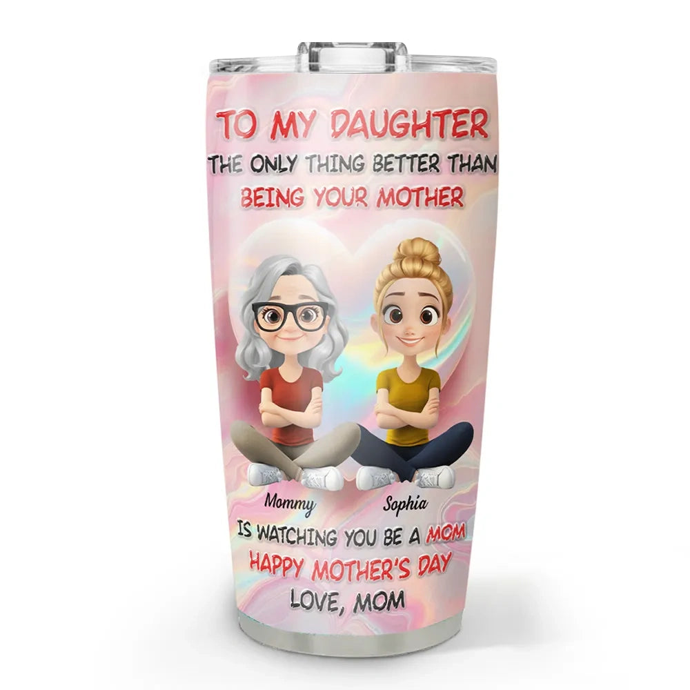 Personalized Insulated Travel Tumbler with Cute Mom and Daughter Cartoon, Heart Background, Unique Mother's Day Gift