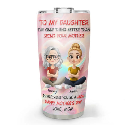 Personalized Insulated Travel Tumbler with Cute Mom and Daughter Cartoon, Heart Background, Unique Mother's Day Gift