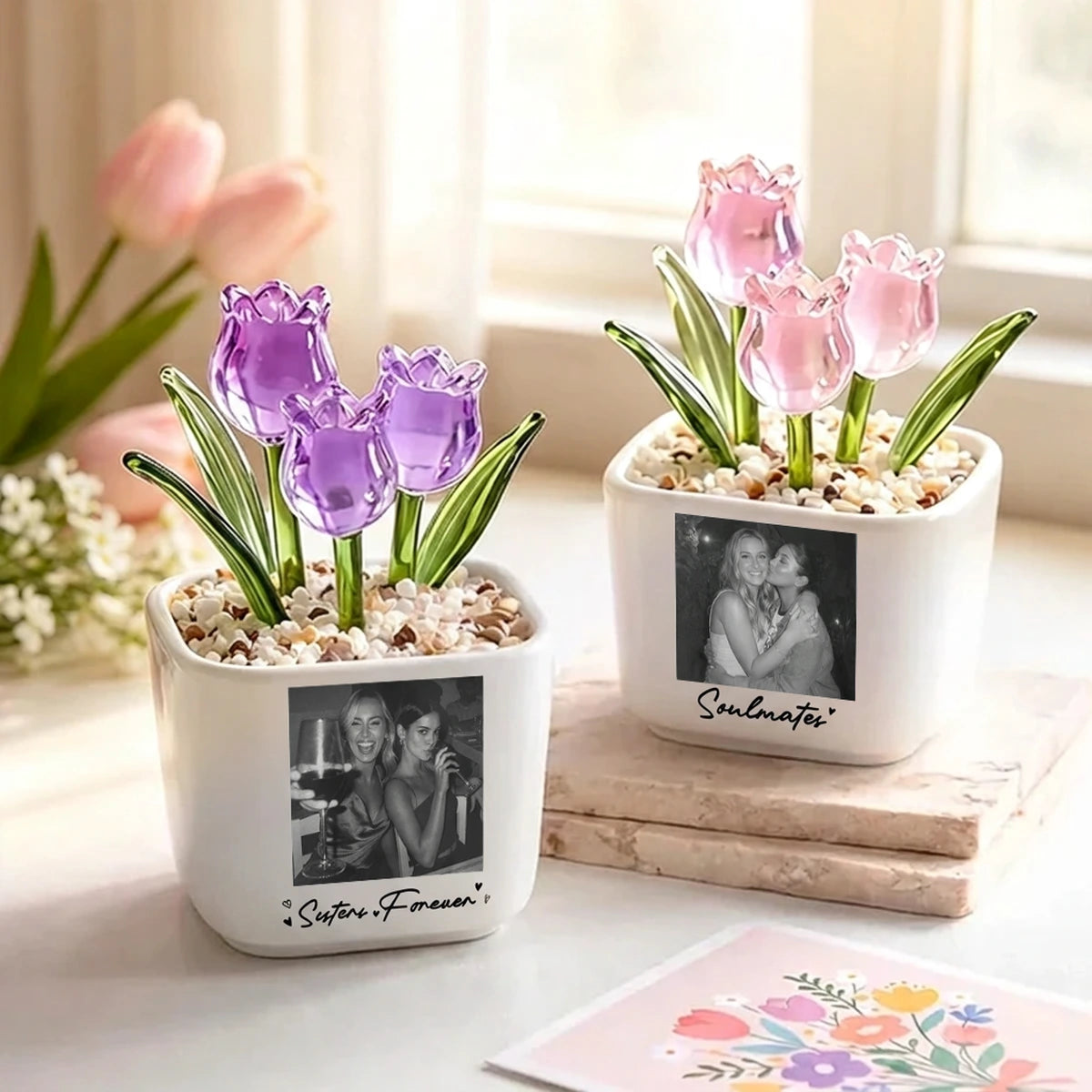 Personalized Photo Flower Planter with Glass Blooms, Custom Best Friend or Sister Gift, Friendship Keepsake