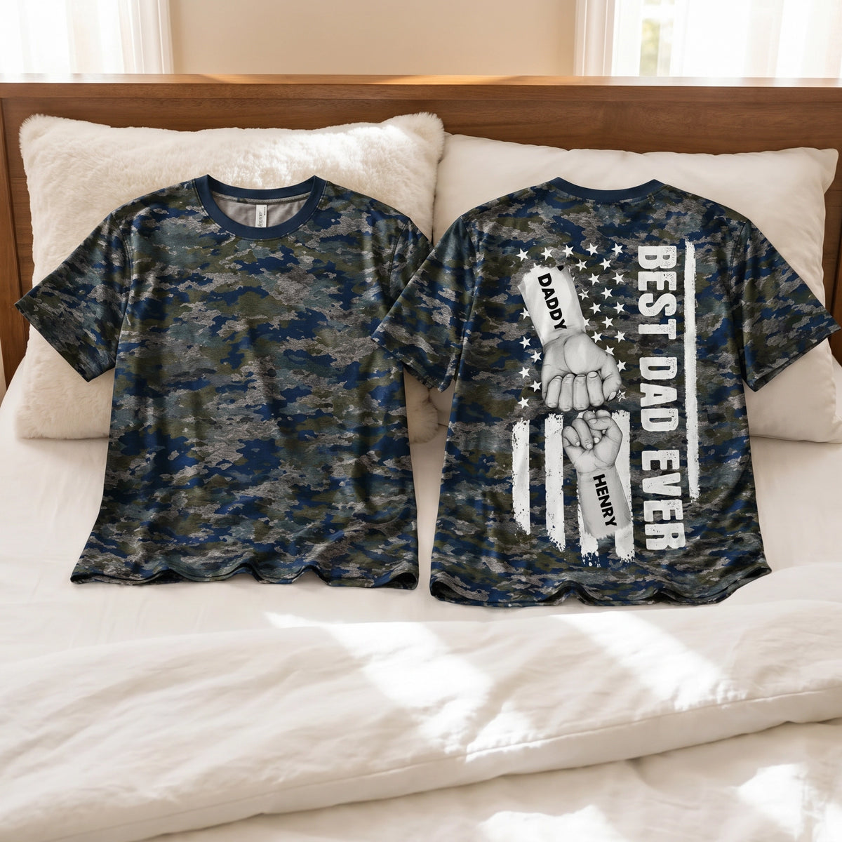 Best Dad Ever Printed Classic Tee with Daddy Fist Bump, Camo Flag Style, Creative Gift for Dad