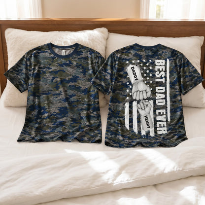 Best Dad Ever Printed Classic Tee with Daddy Fist Bump, Camo Flag Style, Creative Gift for Dad
