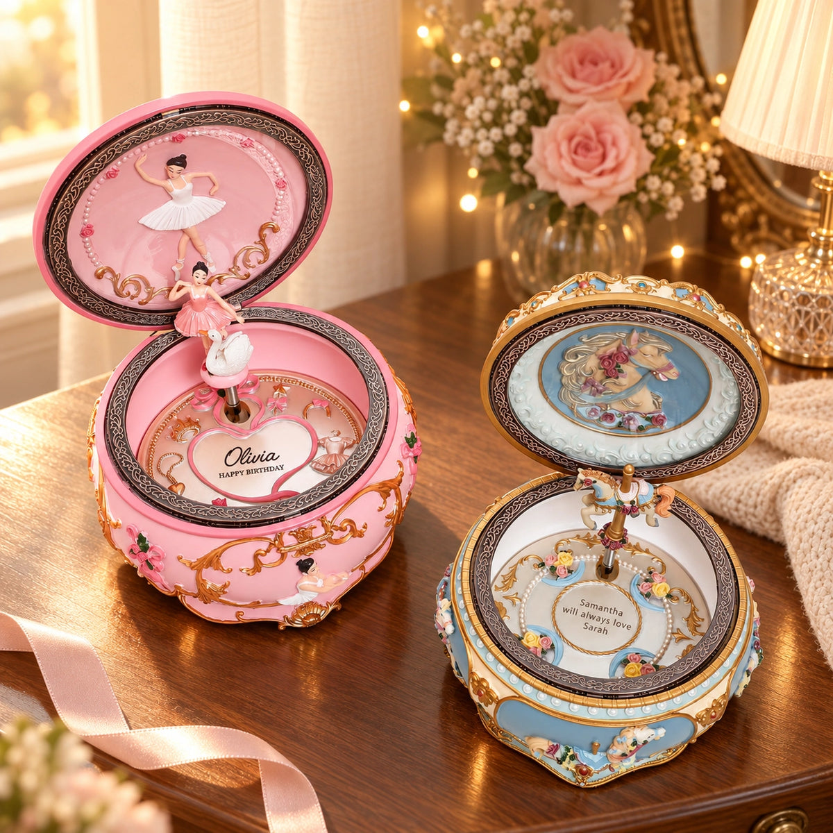 Custom Ballerina Music Box & Carousel Keepsake, Personalized Pink and Blue Musical Gift for Girls, Daughter, Granddaughter and Ballet Lovers