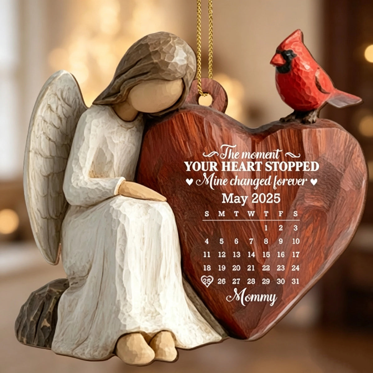Custom Wooden Ornament, Cardinal & Angel Remembrance Decor, Unique Memorial Gift for Loved One