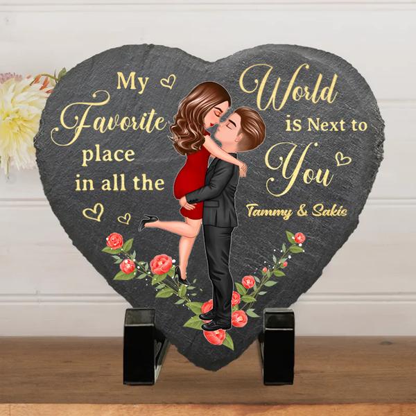 Custom Photo My Favorite Place In All The World Is Next To You - Couple Personalized Custom Heart Shaped Stone With Stand - Gift For Husband Wife, Anniversary