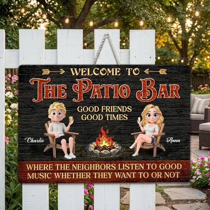 Personalized Wooden Sign, Patio Bar Cartoon Couple by Fire Pit, Unique Gift for Friends