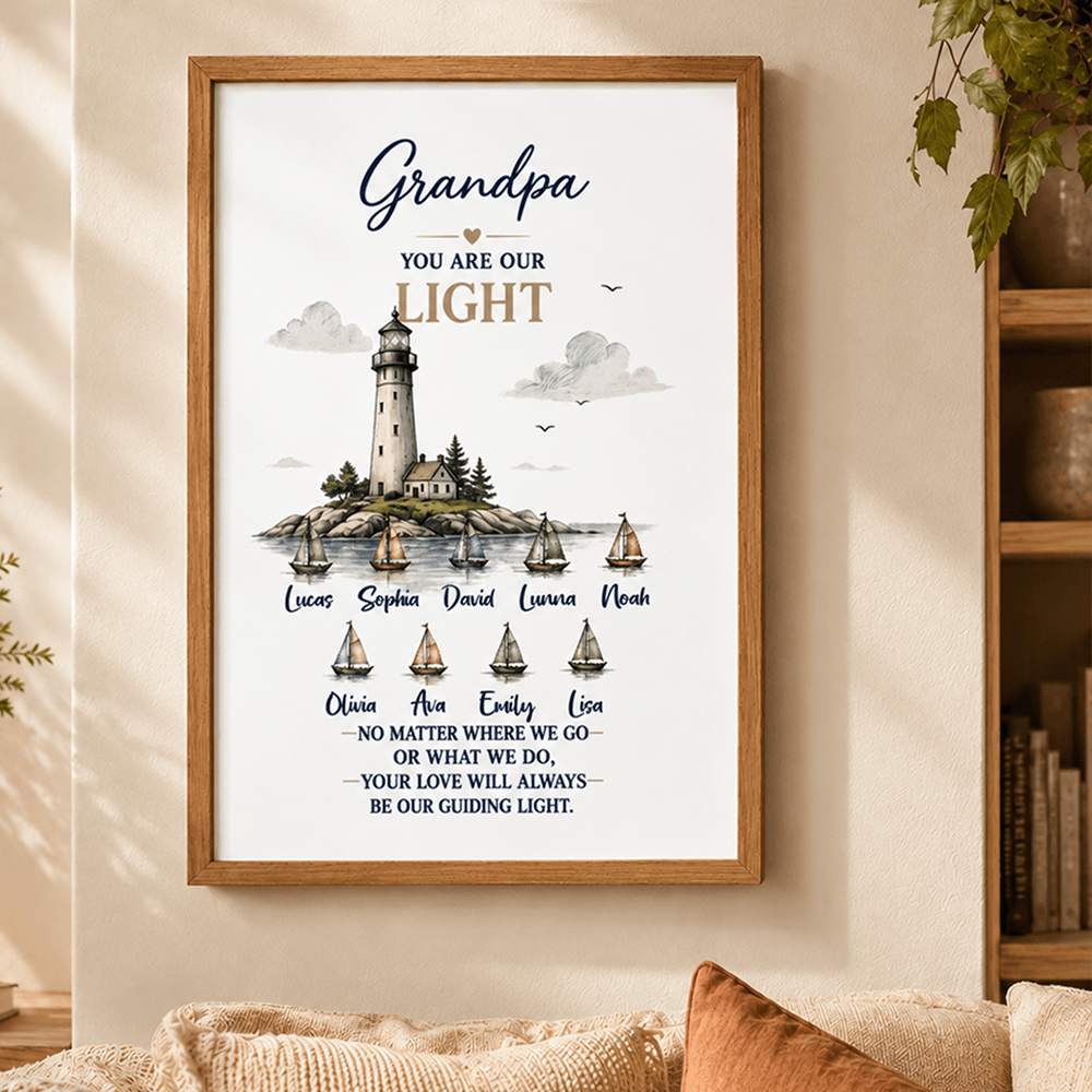 Personalized Grandpa Lighthouse Gift with Grandkids' Names, Custom Poster, Canvas, Shirt, Keychain, Blanket & More