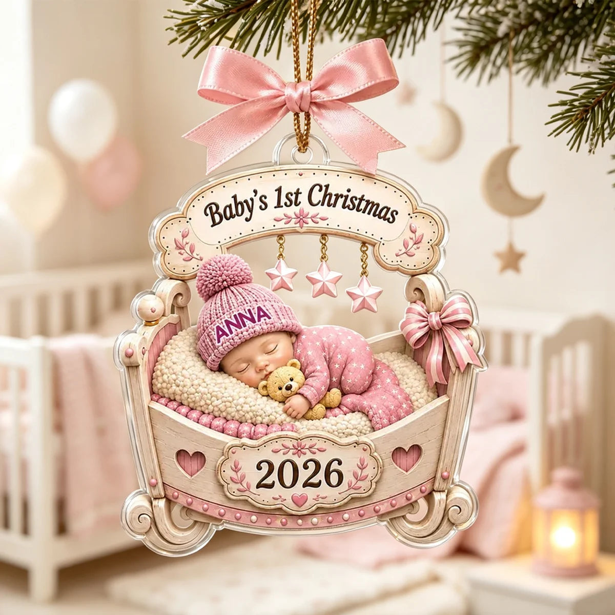 Baby's 1st Christmas Acrylic Ornament, Pink Sleeping Baby in Cradle, Heartwarming Creative Gift for Family