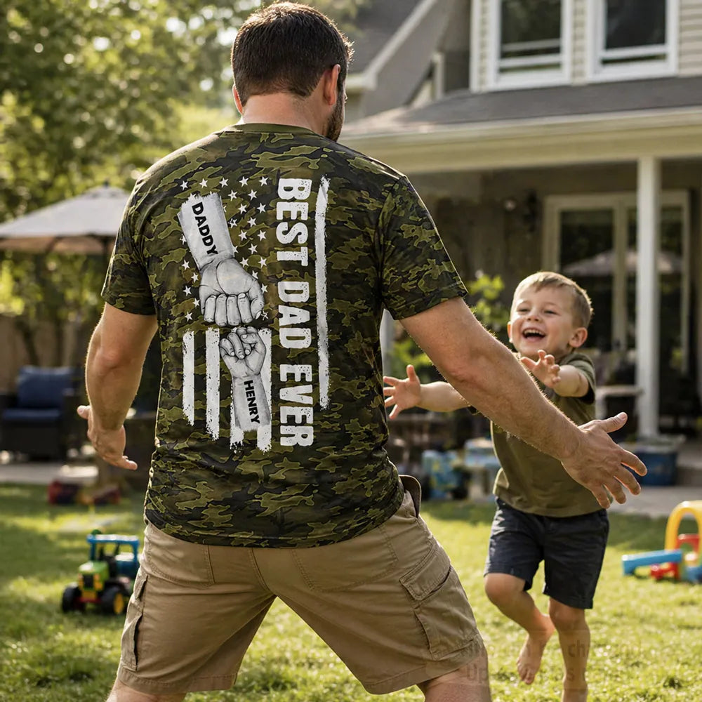 Best Dad Ever Printed Classic Tee with Daddy Fist Bump, Camo Flag Style, Creative Gift for Dad