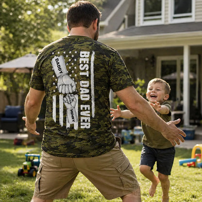 Best Dad Ever Printed Classic Tee with Daddy Fist Bump, Camo Flag Style, Creative Gift for Dad