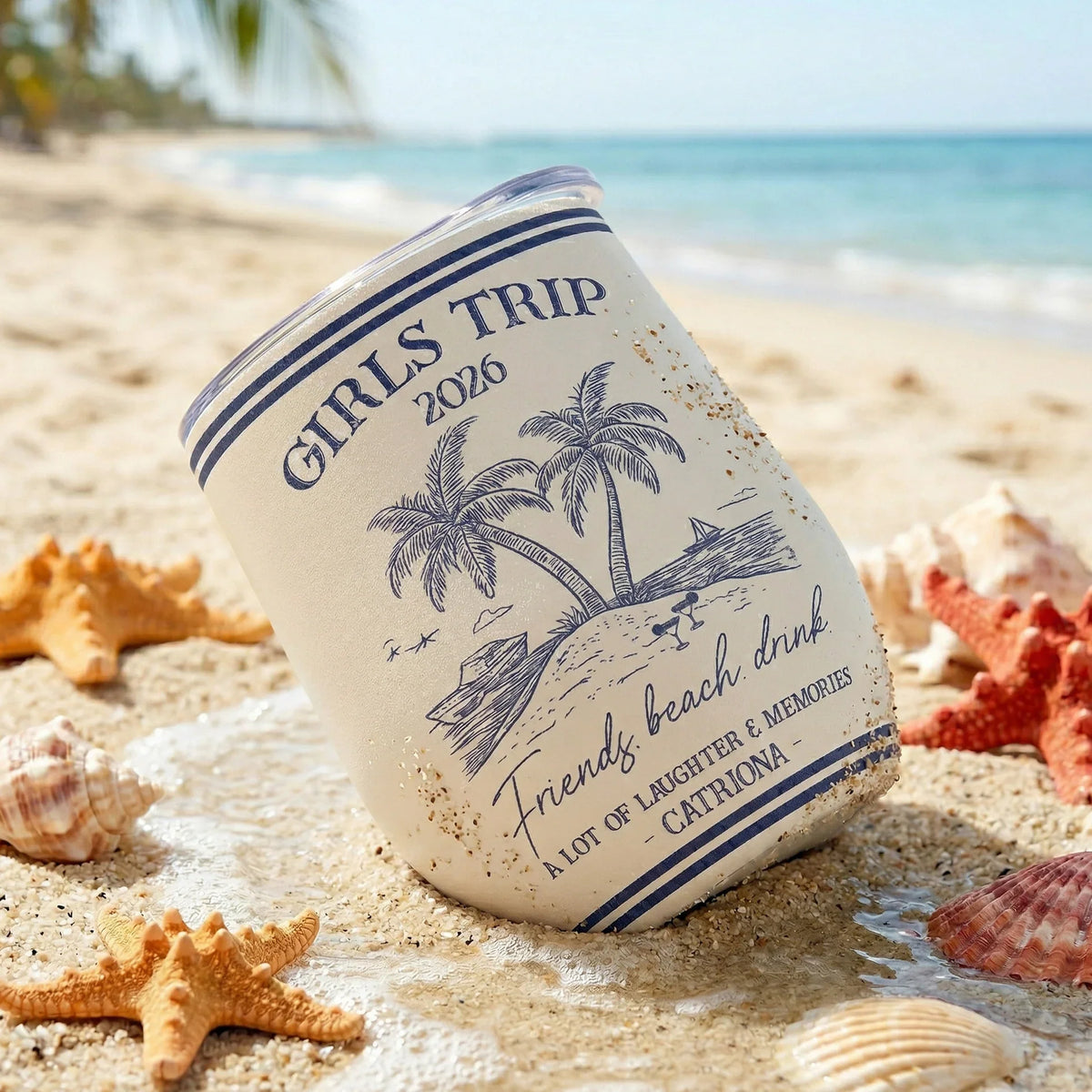 Personalized Girls Trip Beach Eggshell Cup, Palm Island Line Art, Unique Friend Group Gift For Summer Sipping