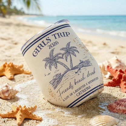 Personalized Girls Trip Beach Eggshell Cup, Palm Island Line Art, Unique Friend Group Gift For Summer Sipping