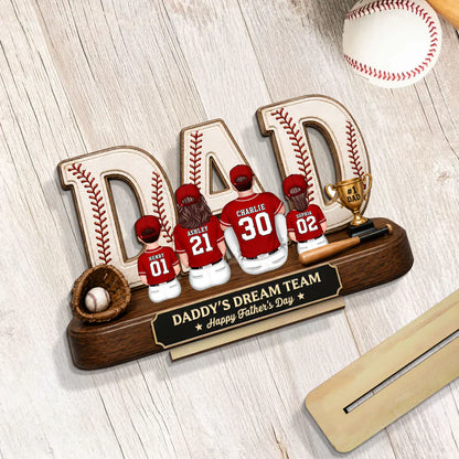 Baseball Daddy's Dream Team Wooden Plaque with Back View Family, Creative Gift for Dad & Baseball Fans