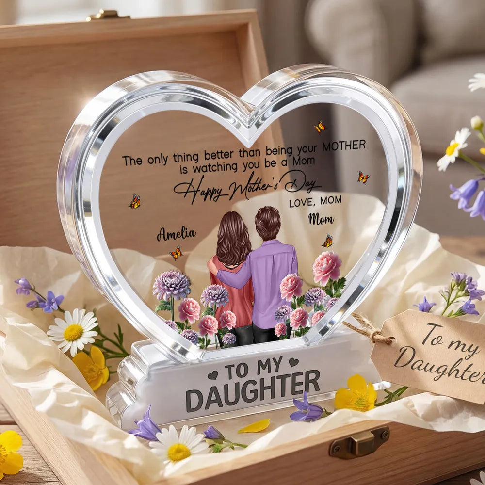 Shaped Acrylic Block Plaque Personalized Keepsake - Mother and Daughter Back Hug, Floral Heart Decor, Creative Gift