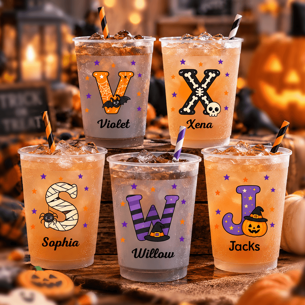 Personalized Halloween Frosted Plastic Cups with Custom Name & Initial, Cute Spooky Party Gift for Family & Friends