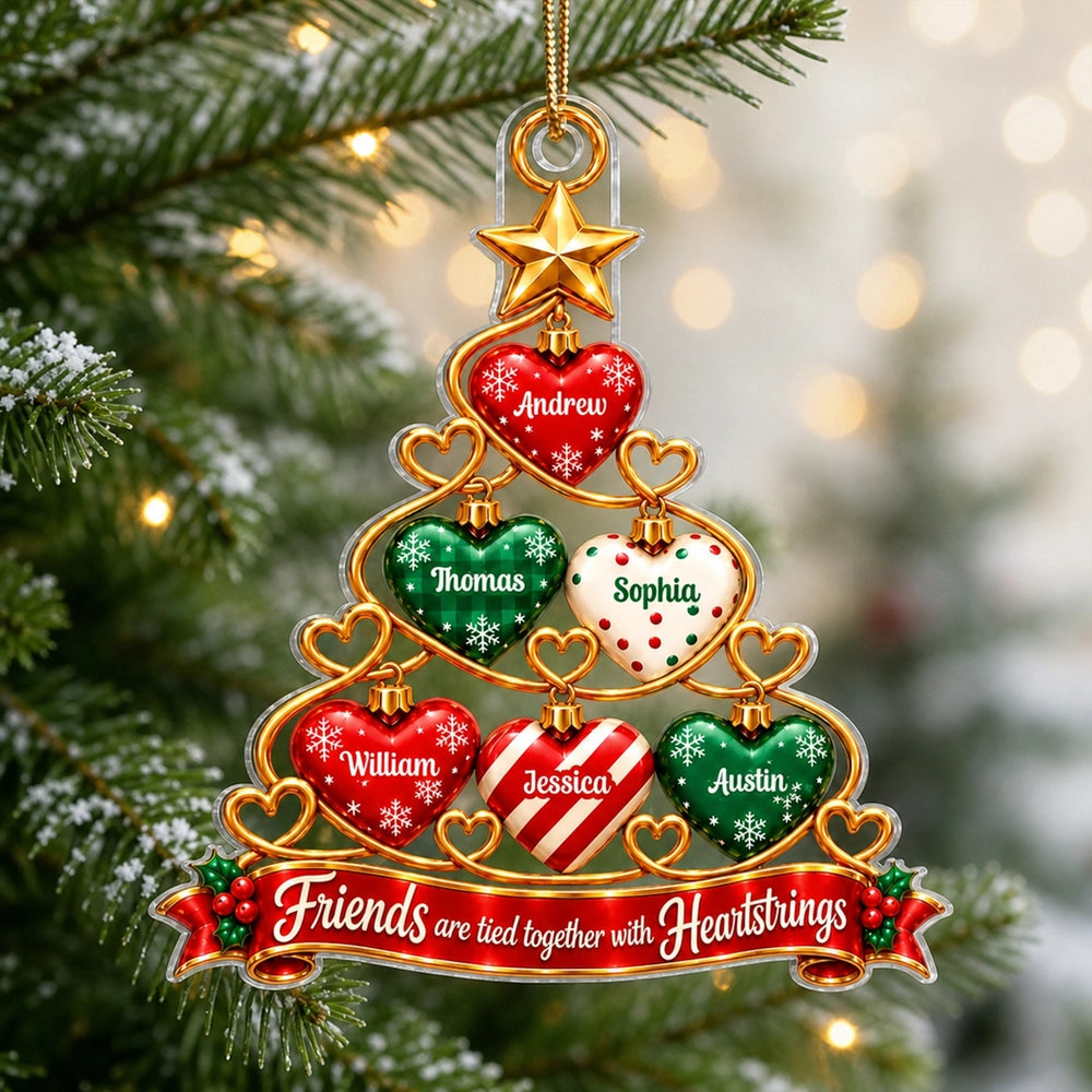 Personalized Acrylic Ornament, Red and Green Heart Tree Design, Unique Christmas Gift for Best Friends