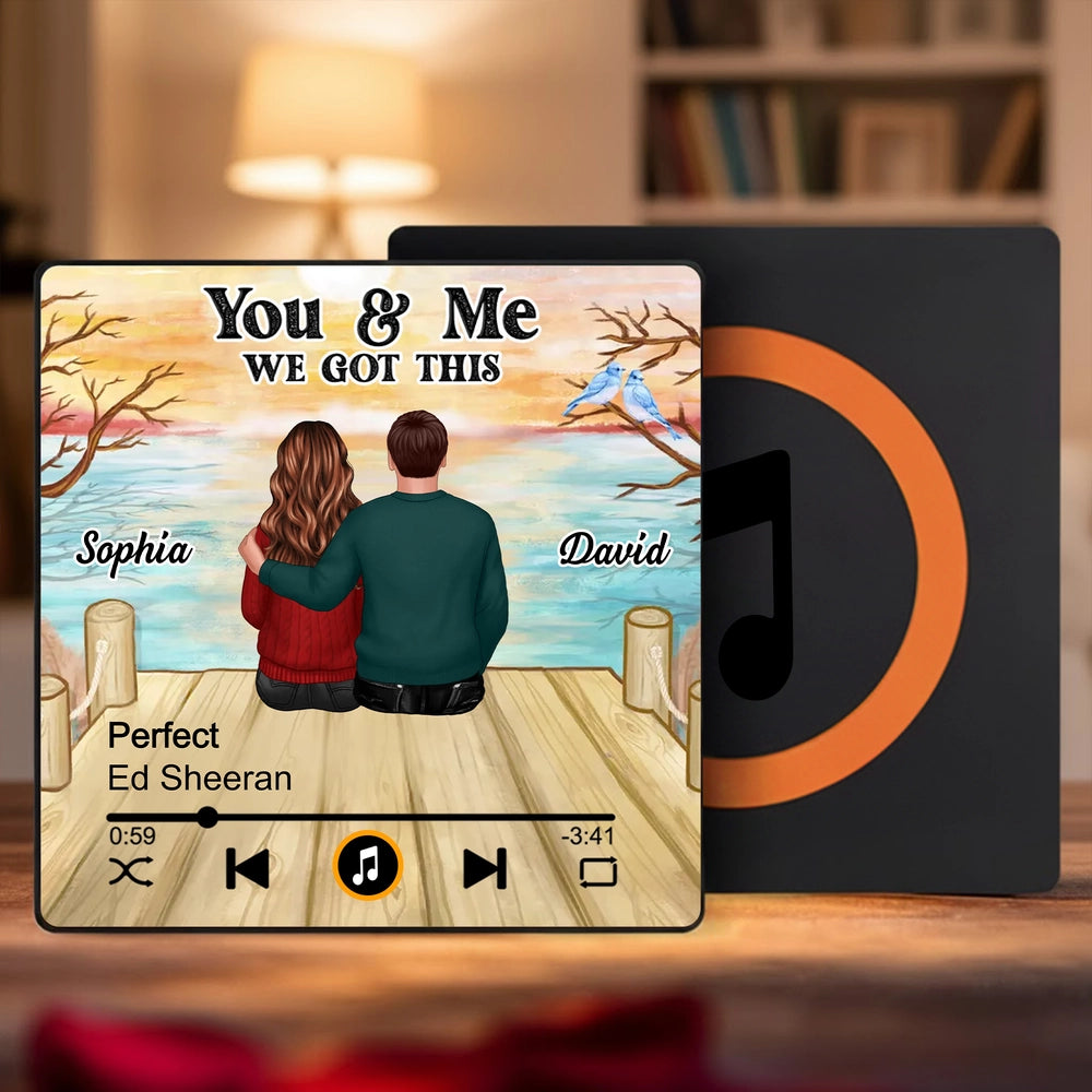 Personalized Acrylic Music Magnet with Couple Sitting by the Lake, You & Me We Got This, Unique Romantic Gift for Him or Her