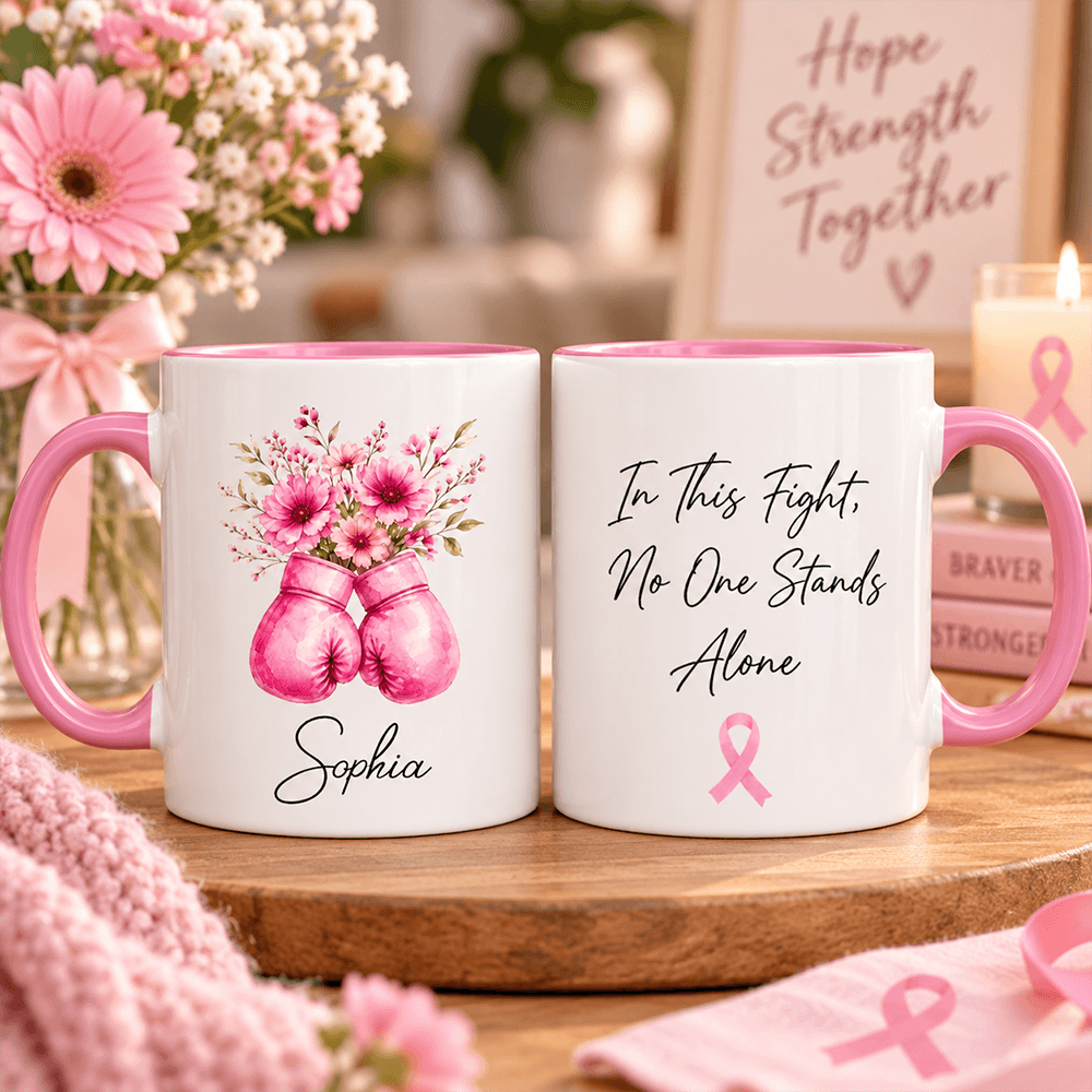 Personalized Pink Floral Boxing Gloves Mug, Breast Cancer Support Gift for Her, Stronger Braver Survivor Keepsake with Name