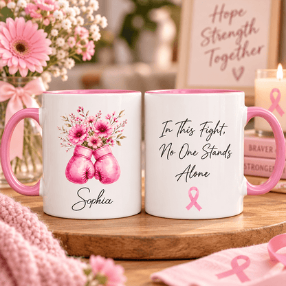 Personalized Pink Floral Boxing Gloves Mug, Breast Cancer Support Gift for Her, Stronger Braver Survivor Keepsake with Name