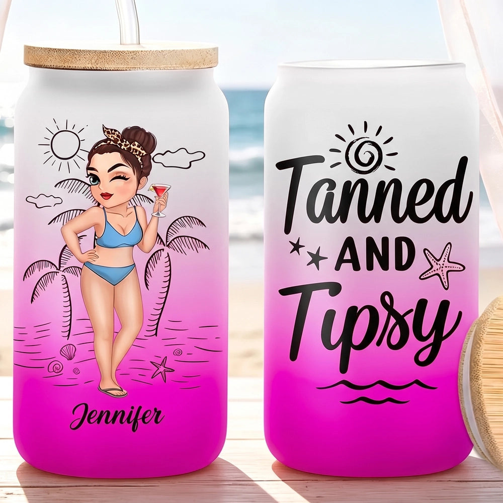 Personalized Frosted Ombre Glass Can, Tanned and Tipsy Beach Woman Holding Cocktail, Unique Gift for Her