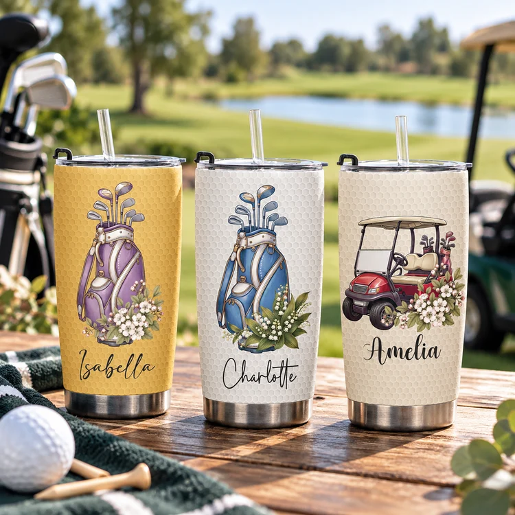 Personalized Insulated Travel Tumbler, Floral Golf Bag Design for Golf Course Days, Unique Gift for Golf Lovers