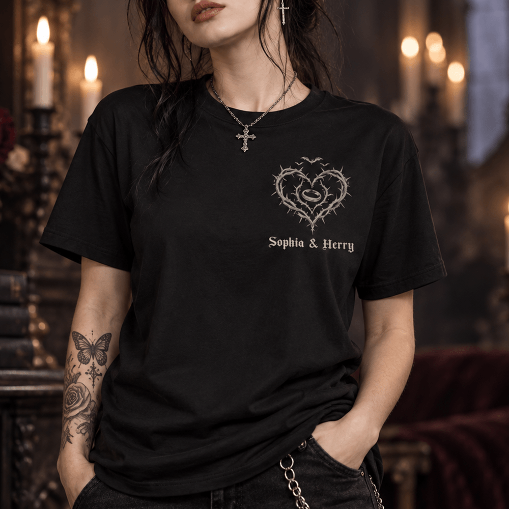 Personalized Gothic Skeleton Couple Dual Print T-Shirt, Custom Names & Date, Unique Wedding or Anniversary Gift