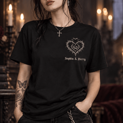 Personalized Gothic Skeleton Couple Dual Print T-Shirt, Custom Names & Date, Unique Wedding or Anniversary Gift