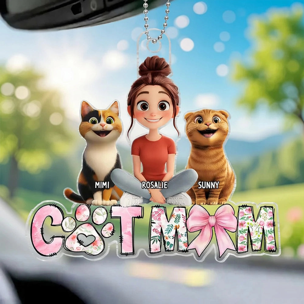 Cute Cartoon Cat Mom Acrylic Car Hanger, Personalized Rearview Mirror Decor for Cat Lovers, Unique Gift