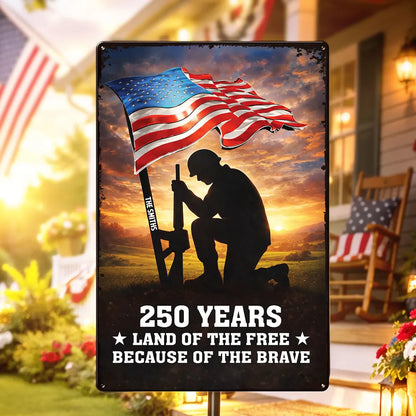 Personalized USA 250th Anniversary Rectangular Iron Sign, Kneeling Soldier Under Flag Porch Decor, Unique Patriotic Gift