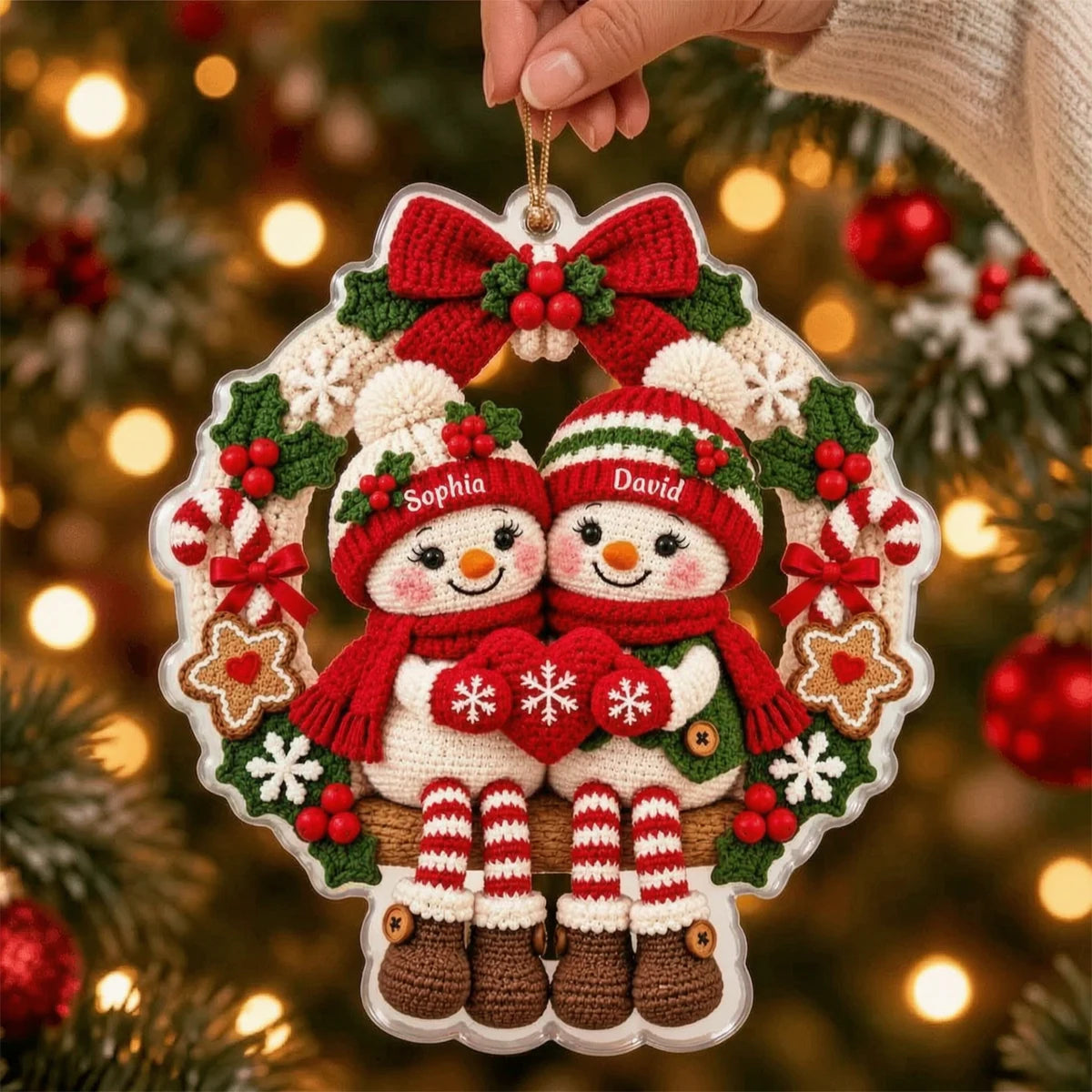 Personalized Crochet Style Snowman Couple Acrylic Ornament, Cute Christmas Wreath Decoration, Romantic Gift for Couples
