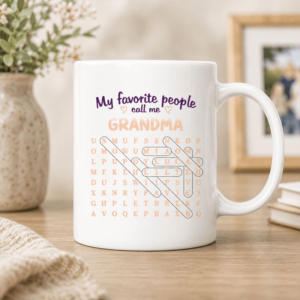 Personalized Grandma Word Search Gift, Custom Family Names, Choose a Mug or Apparel