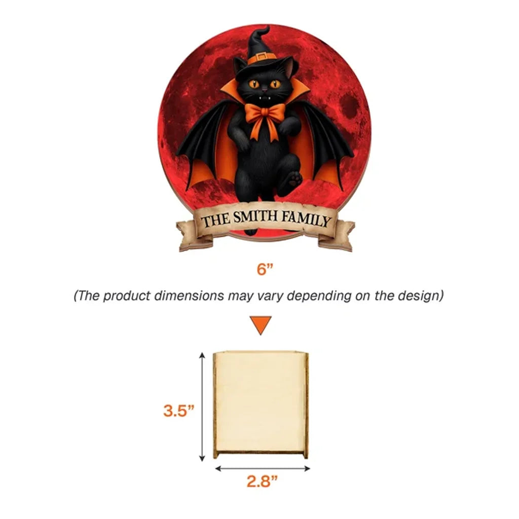 Personalized Wooden Pen Holder, Vampire Black Cat and Red Moon Halloween Decor, Unique Gift for Cat Lovers