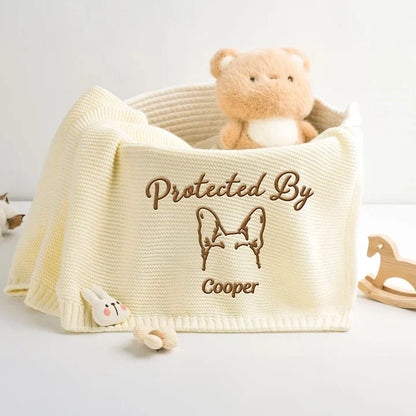 Embroidered Knitted Baby Blanket, Personalized Protected By Dog Keepsake, Creative Gift for New Parents