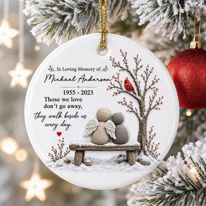 Personalized Ceramic Ornament with Angels on a Snowy Bench and Cardinal, Unique Memorial Gift for Family