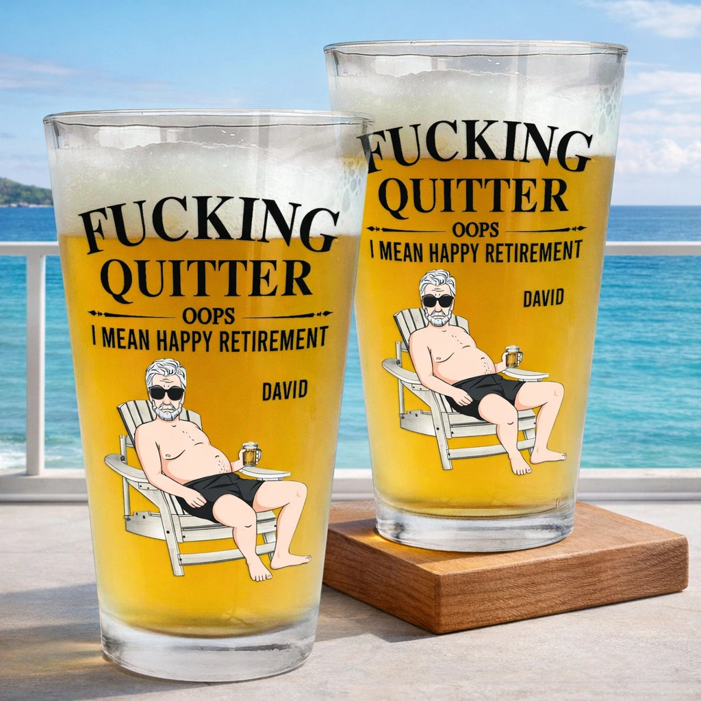 Personalized Beer Glass with Sitting Retiree Art, Funny Happy Retirement Gift for Boss, Unique Home Bar Keepsake