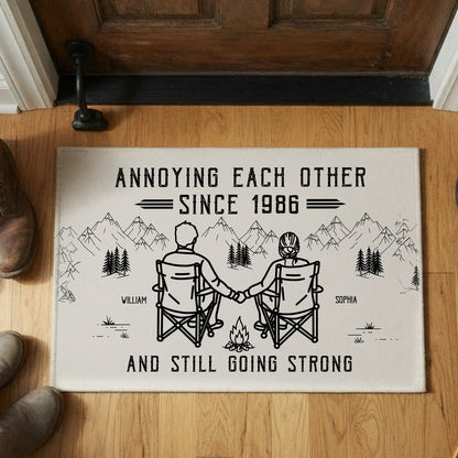 Personalized Standard Doormat, Couple Sitting Hand in Hand by a Mountain Campfire, Unique Gift for Couples