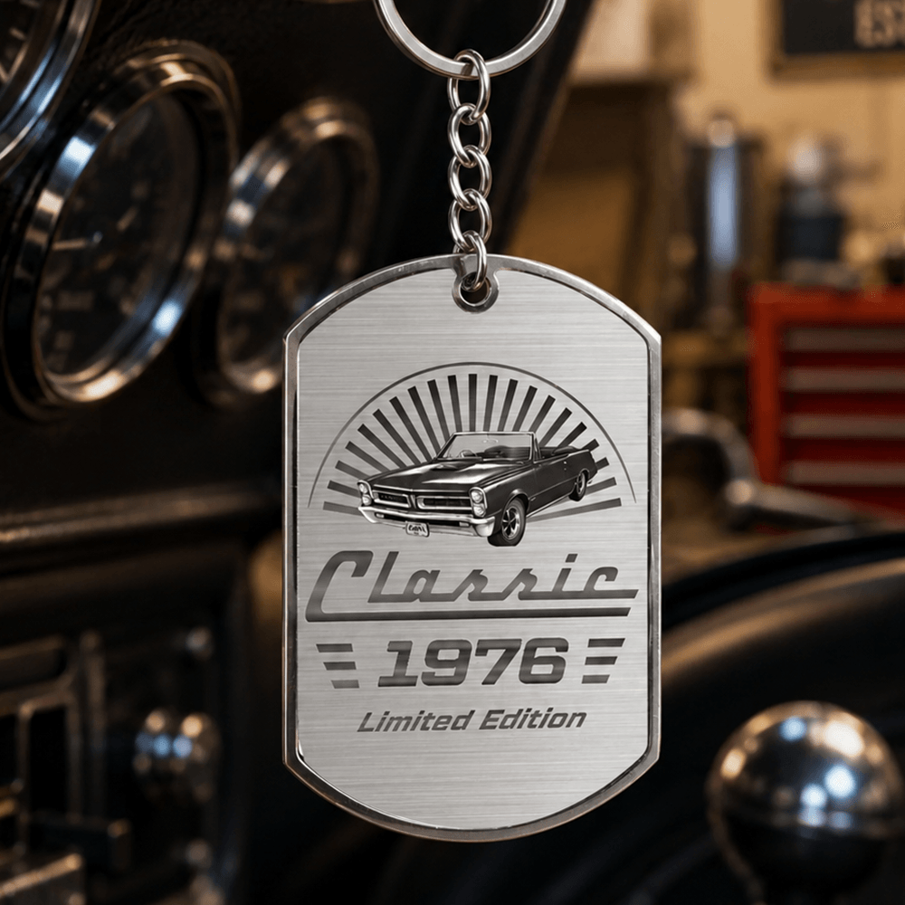 Personalized Metal Keychain with Vintage Classic Car, Monochrome Keepsake and Unique Gift for Car Enthusiasts