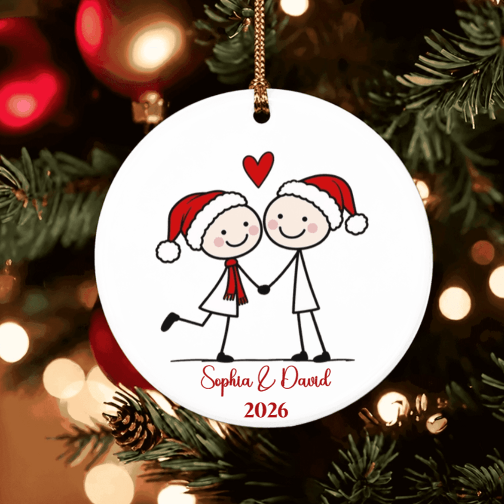 Personalized Ceramic Ornament, Cute Couple Holding Hands by a Christmas Tree, Unique Gift for Partners