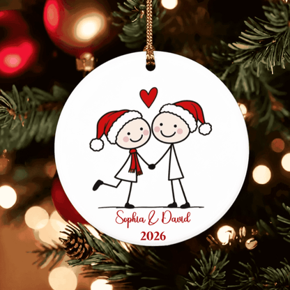Personalized Ceramic Ornament, Cute Couple Holding Hands by a Christmas Tree, Unique Gift for Partners