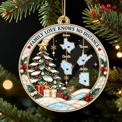 Personalized Acrylic Ornament, Snowy Christmas Tree and Family Map Scene, Creative Gift for Long-Distance Family
