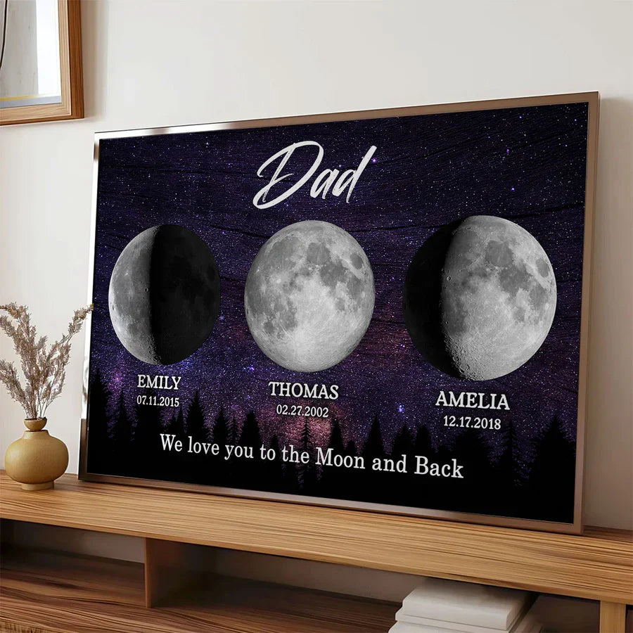 Dad We Love You to the Moon and Back Personalized Moon Phase Poster, Starry Night Gift for Dad