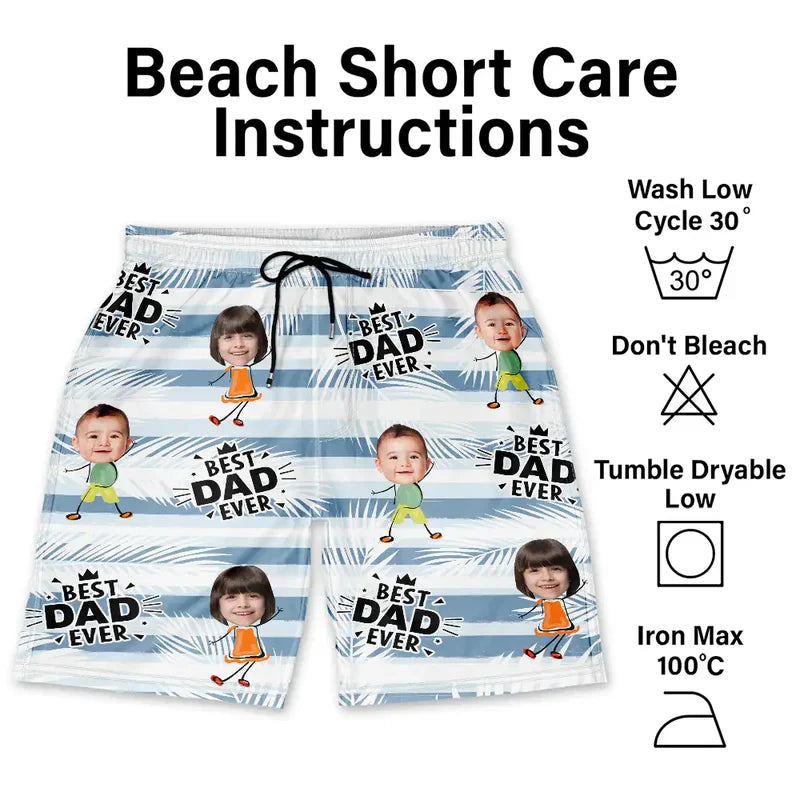 Best Dad Grandpa Ever Personalized Men's Beach Shorts, Custom Photo Gift for Dad with Playful Kid Cartoon Print