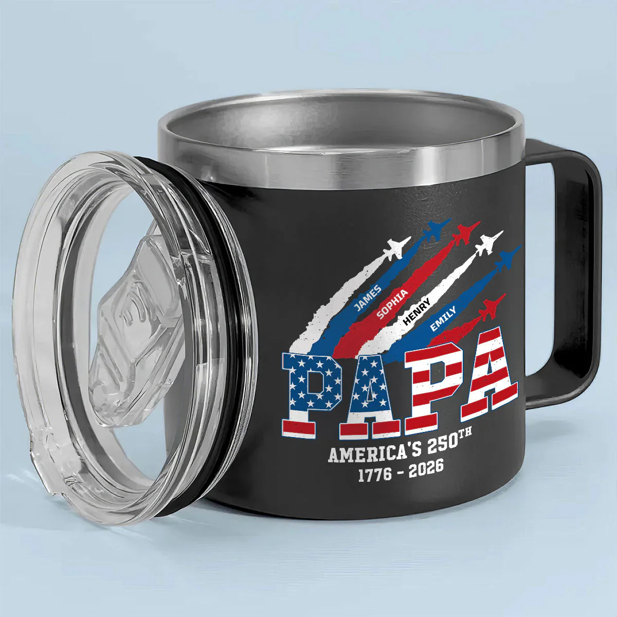 Personalized Stainless Steel Coffee Mug, Papa America's 250th Jets, Unique Gift for Grandpa